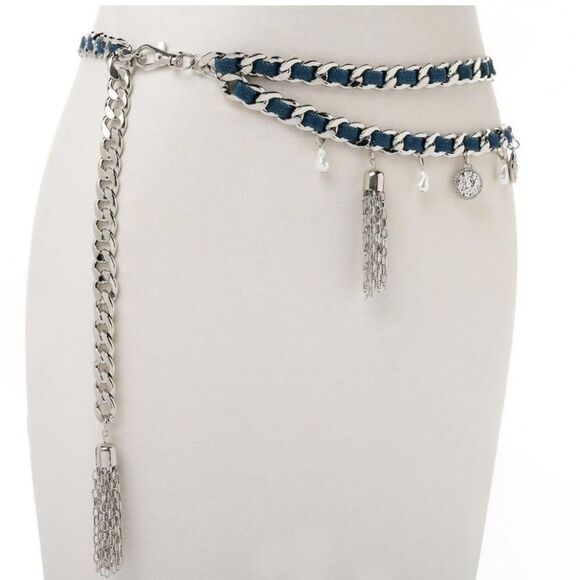 Christian Siriano C Wonder Denim Silver Chain Charms Waist Hips Boho Belt NWT main image 5